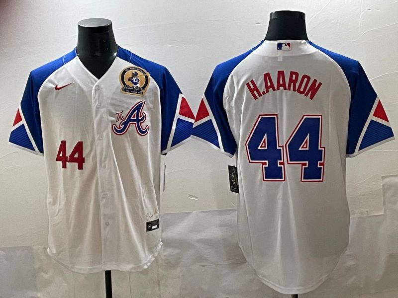 Men 2025 Atlanta Braves #44 H.Aaron White blue City Edition Nike MLB Jersey style 5->atlanta braves->MLB Jersey